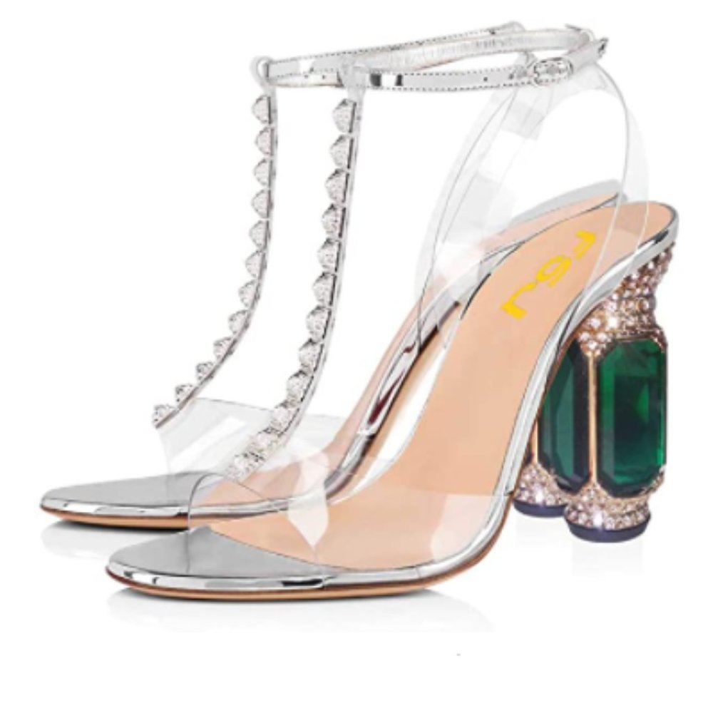 FSJ Silver Transparent Open Toe Ankle Strap Chunky High Heel Crystal Sandals